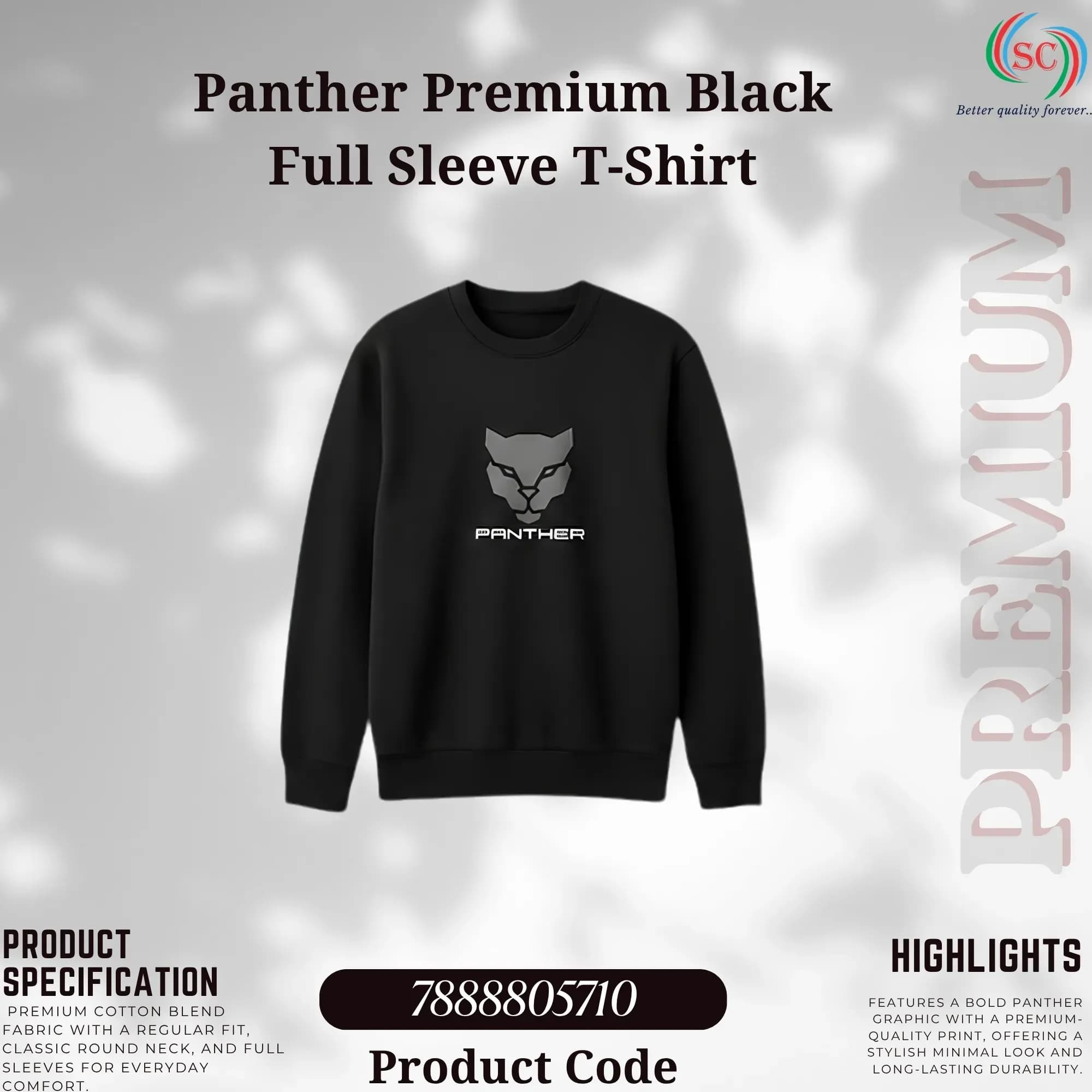 Panther Premium Black Full Sleeve T-Shirt for Men thumbnail 2