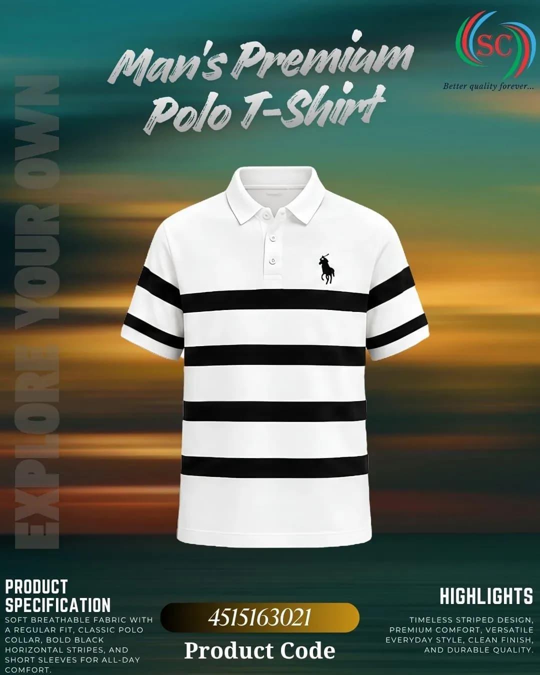 Men's Premium Black & White Striped Polo T-Shirt thumbnail 2