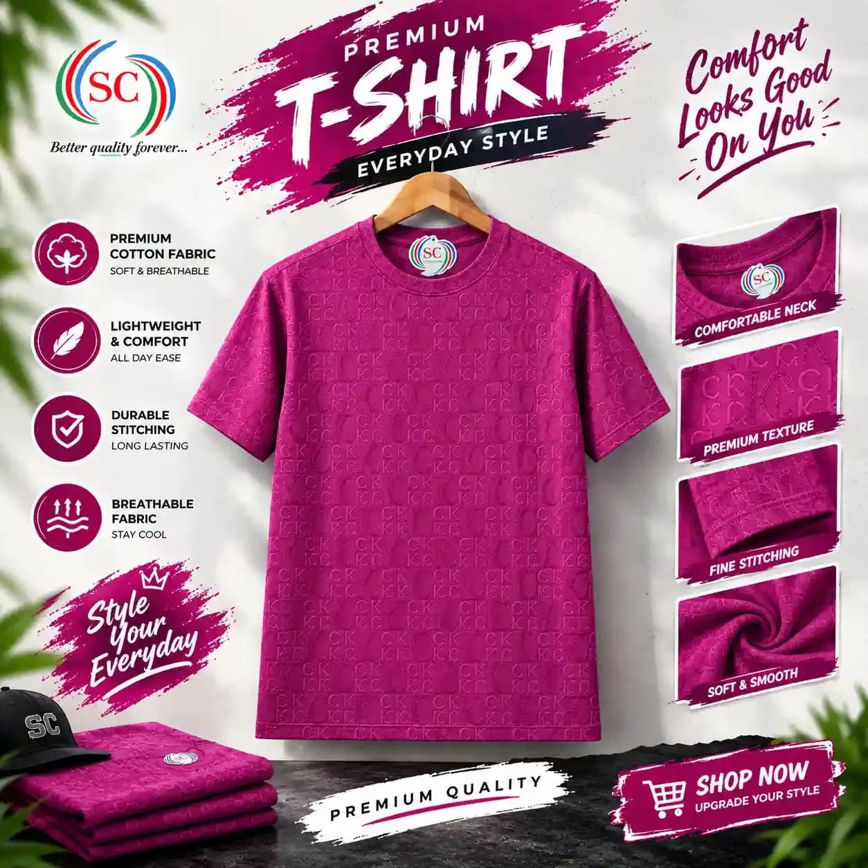 Half Sleeve T-shirt – Magenta Embossed Monogram Premium Tee