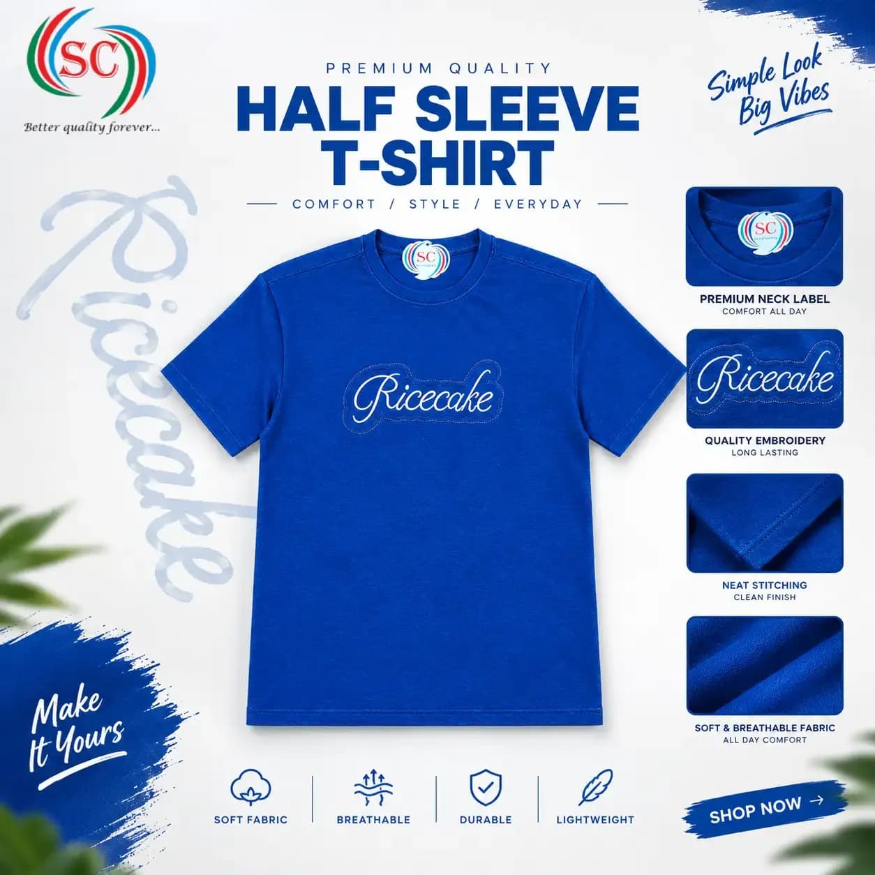 Half Sleeve T-Shirt      Royal Blue Ricecake Logo Tee