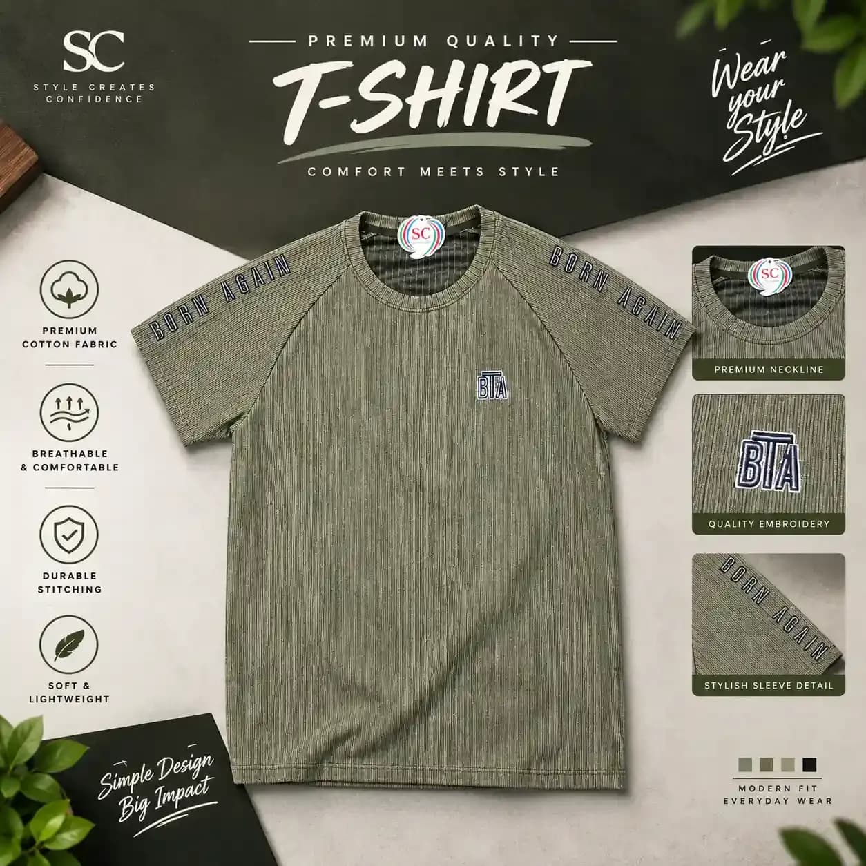 Half Sleeve T-shirt     Olive Ribbed Born Again T-shirt