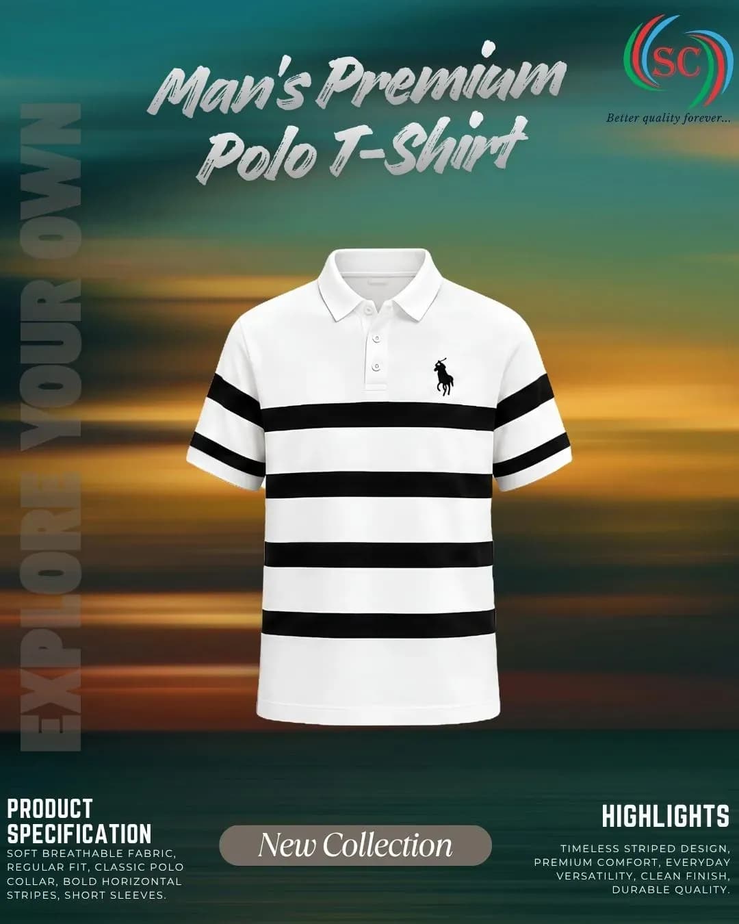 Men's Premium Black & White Striped Polo T-Shirt