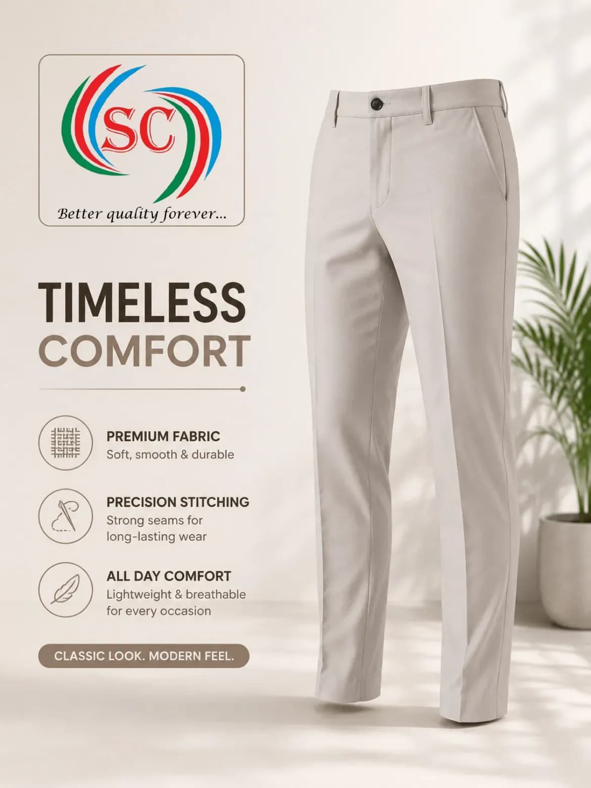 Men’s Classic Cream Formal Pant – Elegant Tapered Fit Trouser
